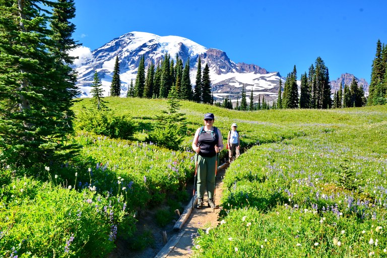 Two hikers stand on trail. Person in front wearing hiking boots, green pants, black tank top and hat. Person in background has brown pants, white hat, and white tanktop. Sunny day with Mount Rainier in background.