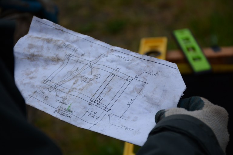 Blueprints for a trail structure. Photo by Anna Roth.