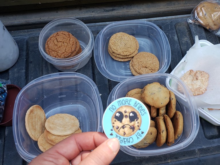 A selection of cookies in Tupperware and a small sticker with a cookie on it