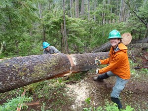 Volunteers clearing the Colonel Bob trail did a LOT of sawing. Photo by Megan McKenzie.