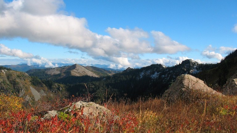 Part of the Chinook Trail system. Photo by Ryan Ojerio. Red foliage on the edge of a mountain view.