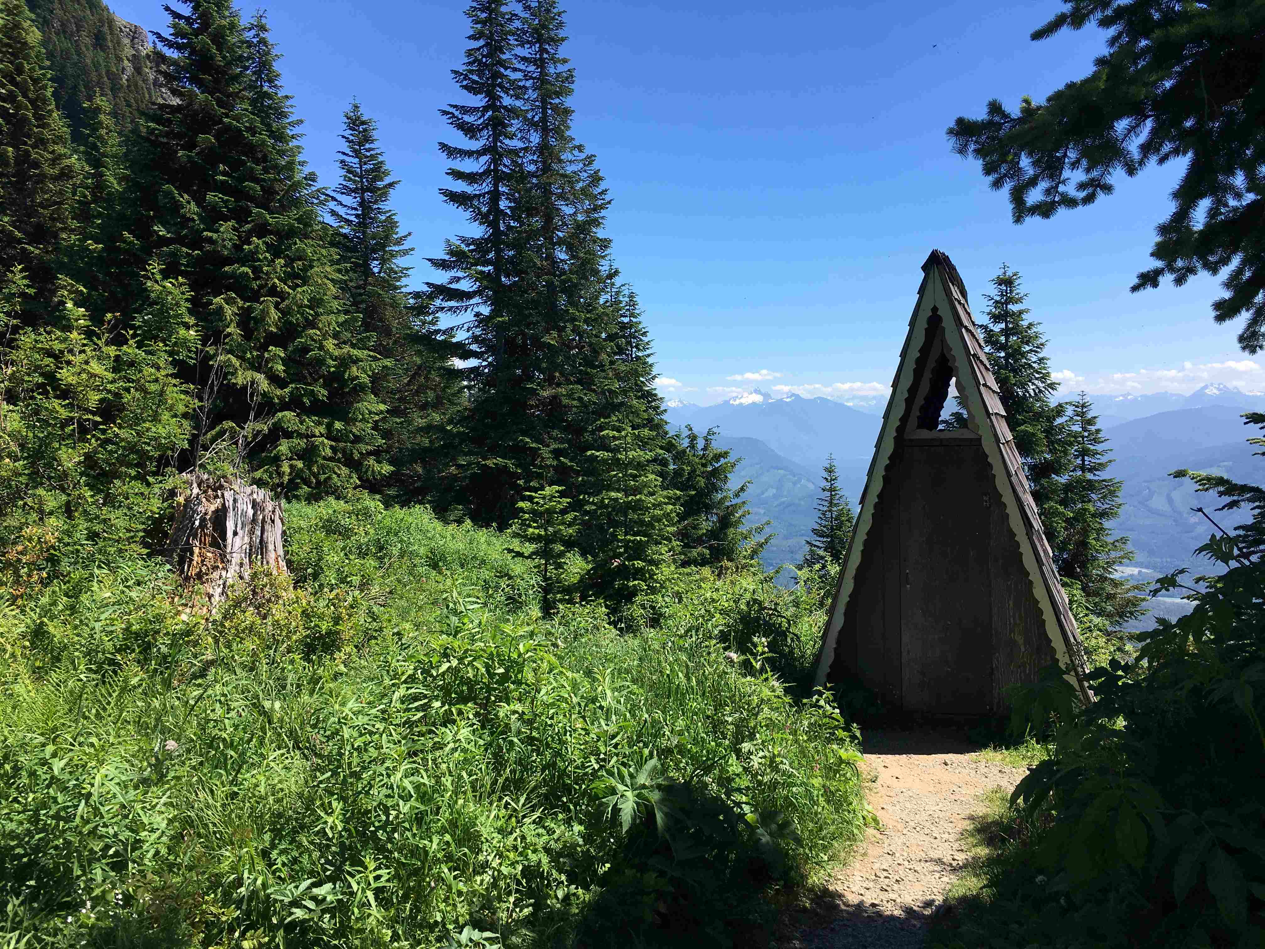 A-frame outhouse on Sauk Mountain. Photo by Tree Hugger. A-frame outhouse at the trailhead parking lot on the Sauk Mountain trail. Photo by Tree Hugger.