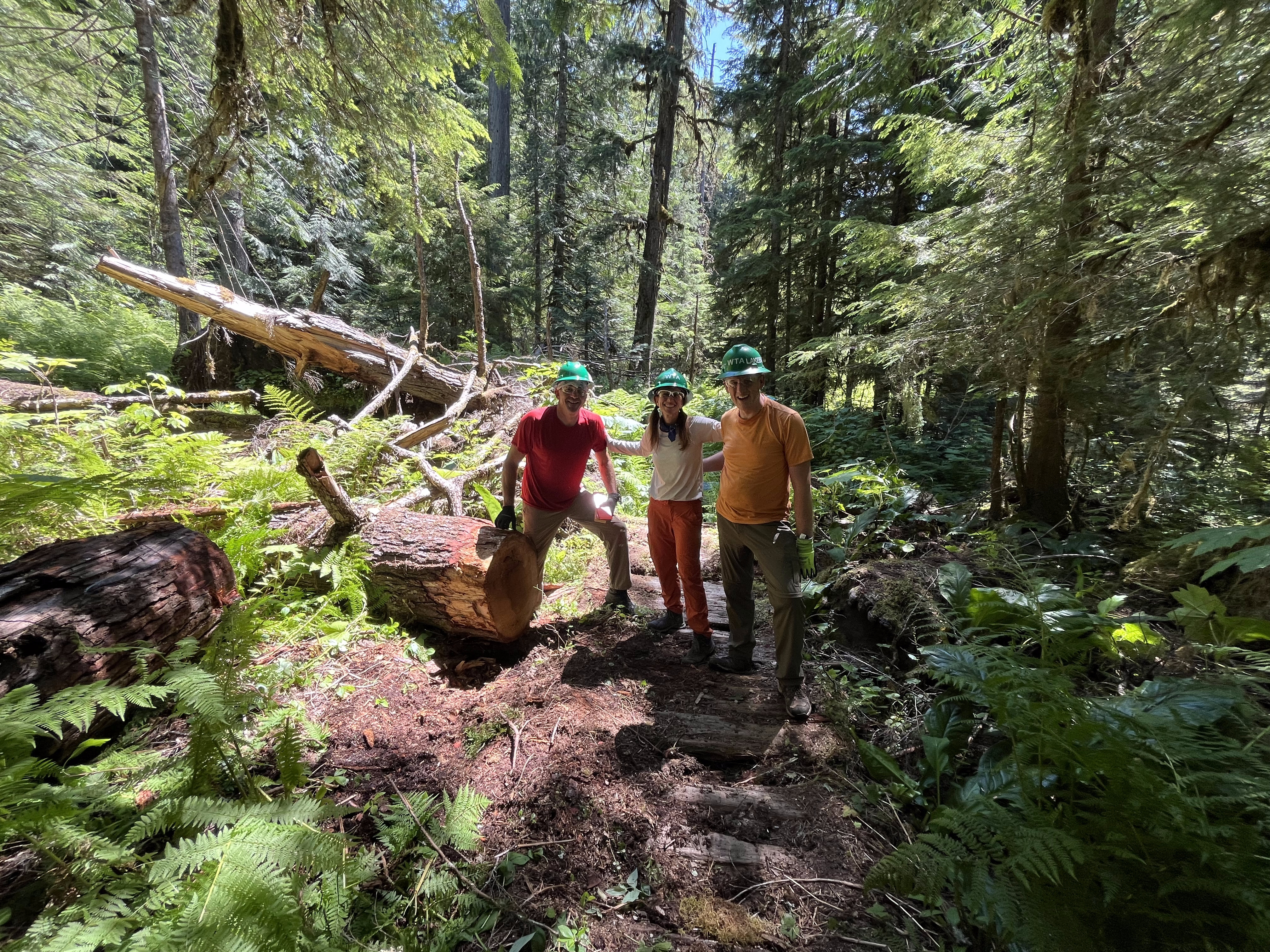 Three people smile next to cut log on trail while wearing green hard hats