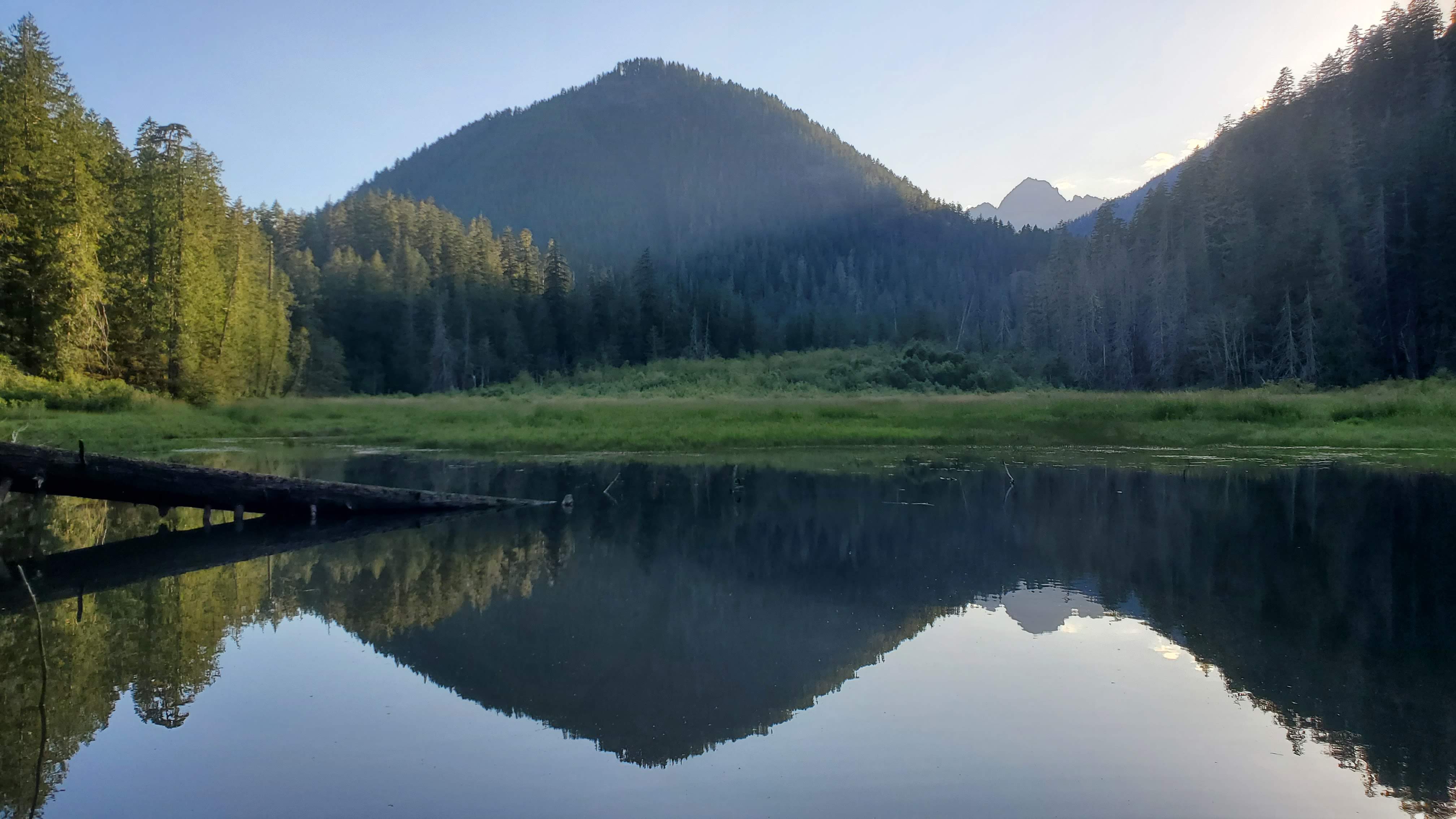 A still lake reflects a tree-covered summit across the shore.