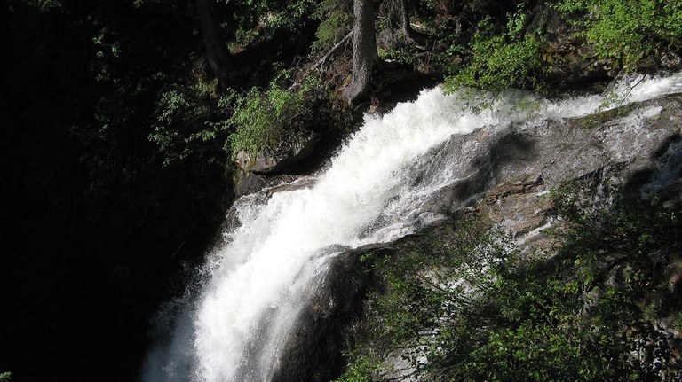 Waterfall on Foggy Dew Trail A rushing waterfall flies over the edge of a bluff on the Foggy Dew Trail.