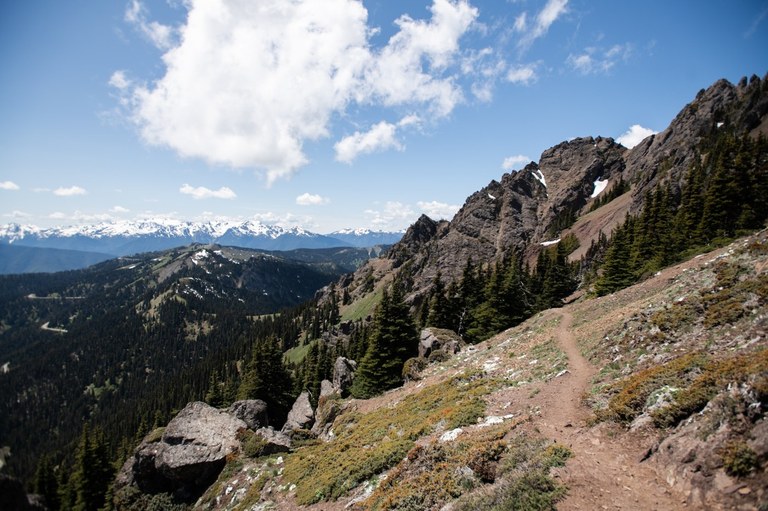 A trail leads to some craggy rocks with view of snow capped mountains in the background.