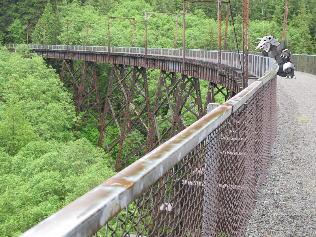 Aggron standing on a steel trestle along the Palouse to Cascades Trail, between Homestead Valley and Mine Creek Trestle. Photo by Al & Scout.