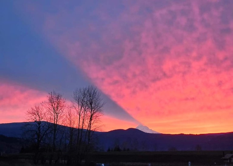 Steigerwald Lake National Wildlife Refuge Pink sunrise with mountain view in the distance