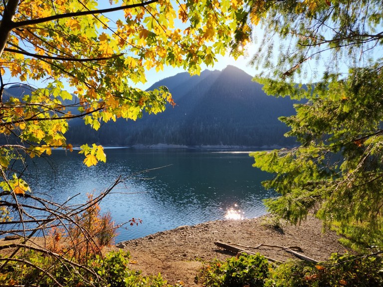 Perfectly framed by autumnal leaves Image: Wynoochee Lake glimmers in the autumnal sunshine. A mountain stands watch in the back while trees form a portal towards the lake.