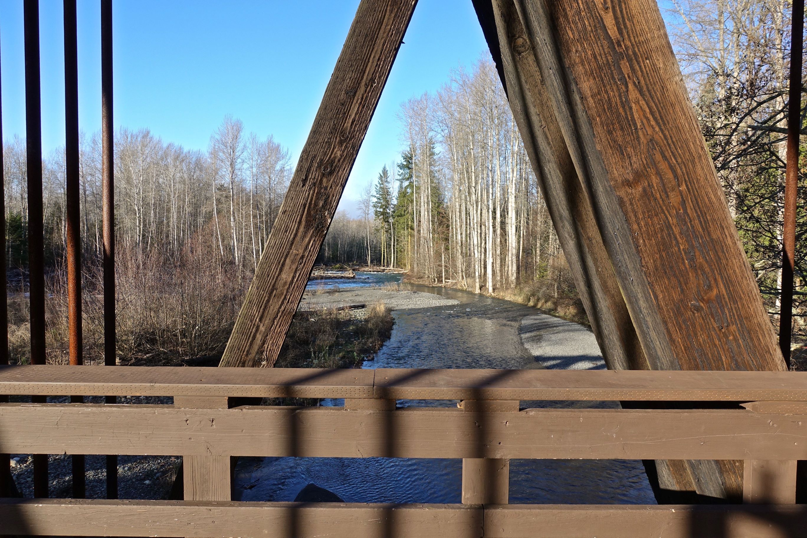 Railroad Bridge Park. Photo by Bob and Barb. A view of Dungeness River from the bridge at Railroad Bridge Park. Photo by Bob and Barb.