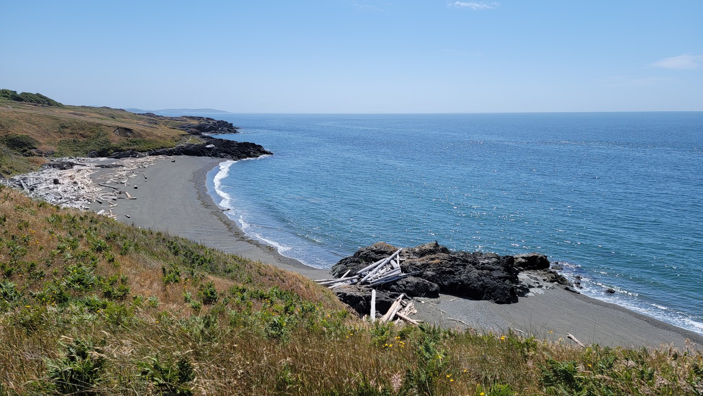 A rocky, bluffy shoreline.