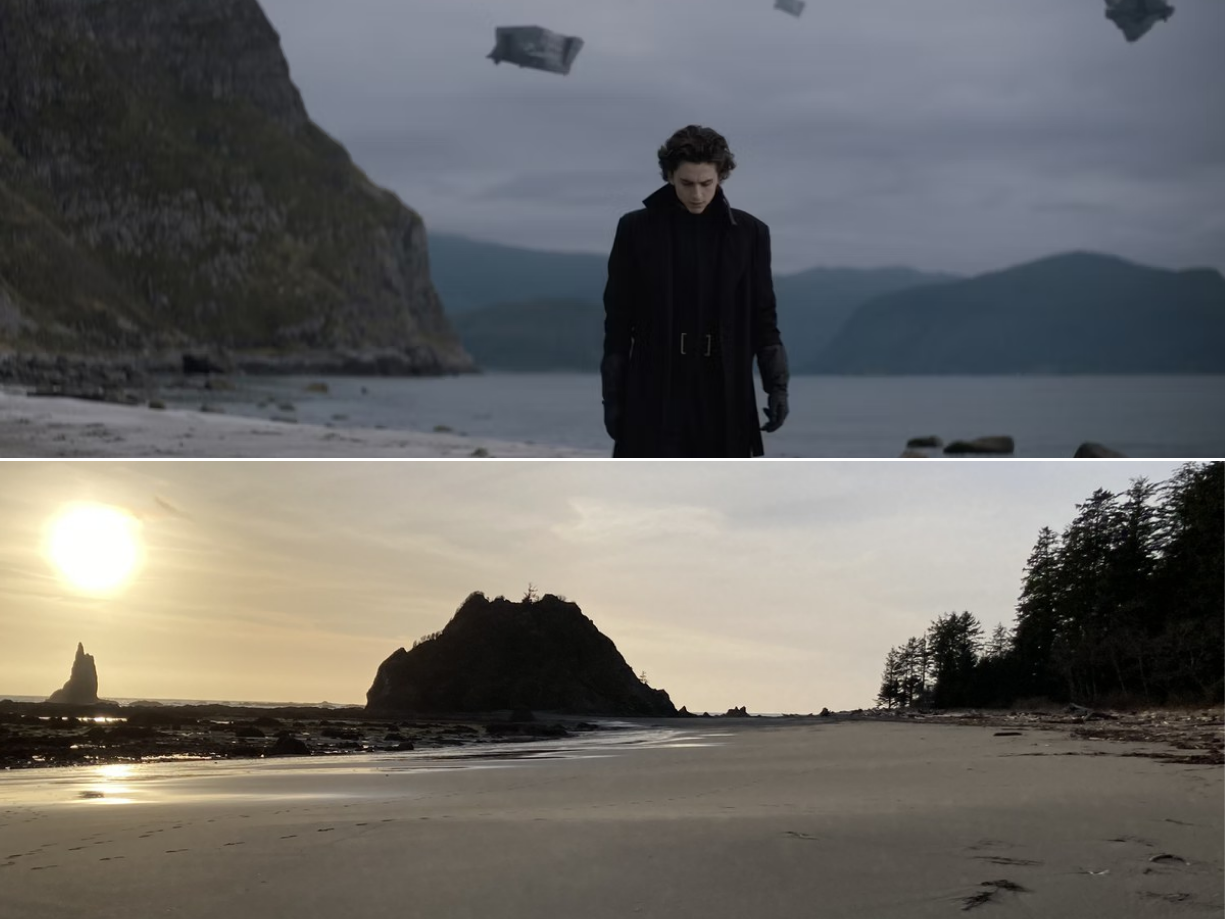 A split of Paul Atreides walking along the shores of Caladan, with a shoreline view of Third Beach on the bottom.