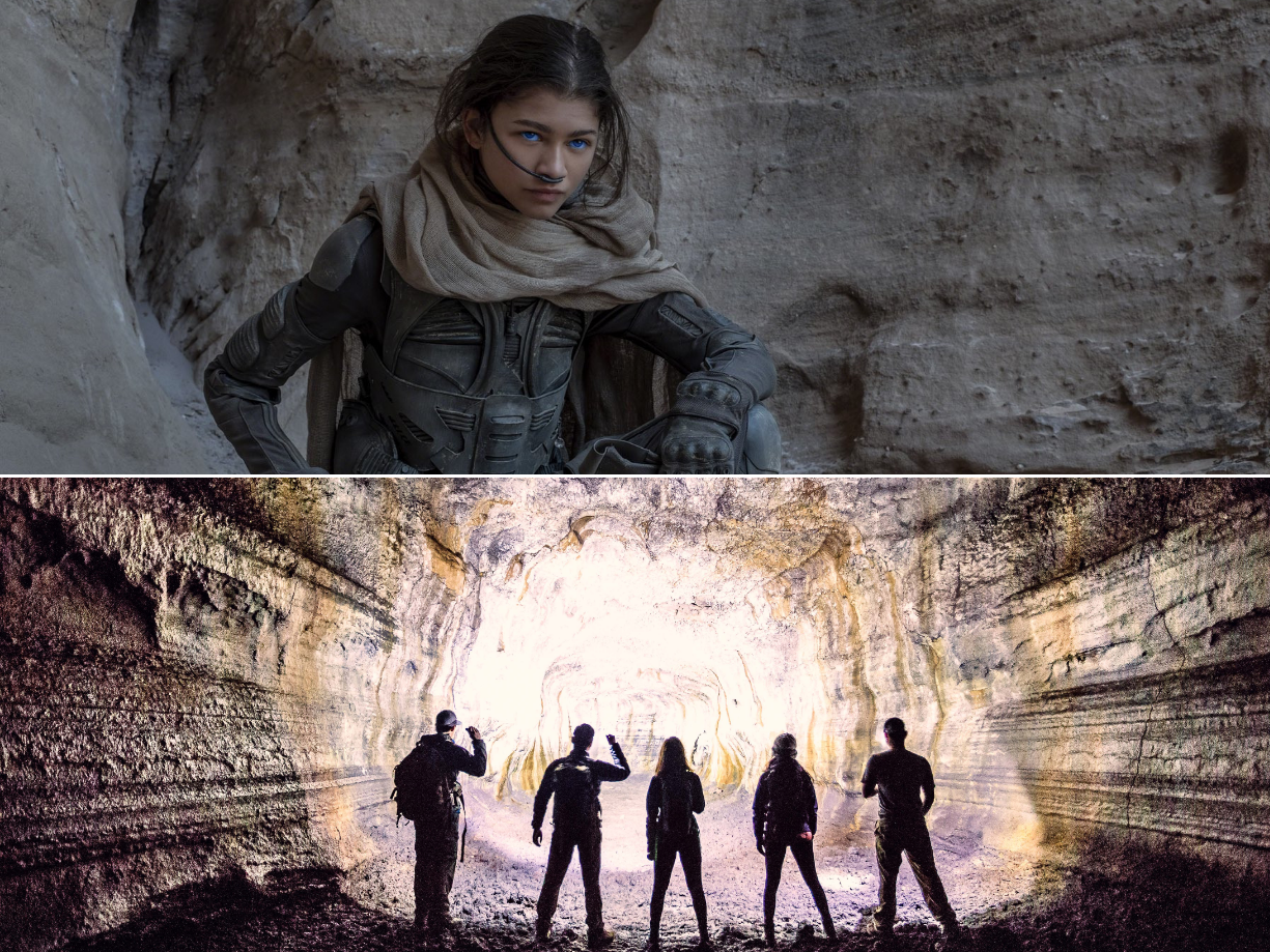 A split between Chani of Dune and a group of hikers exploring the Ape Caves