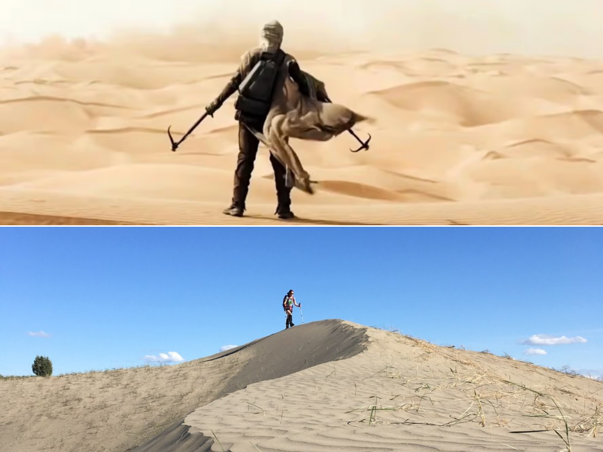 A split of a Fremen (with worm hooks out) on a dune, with the bottom being a hiker walking along a sand dune at Juniper Dunes Wilderness.