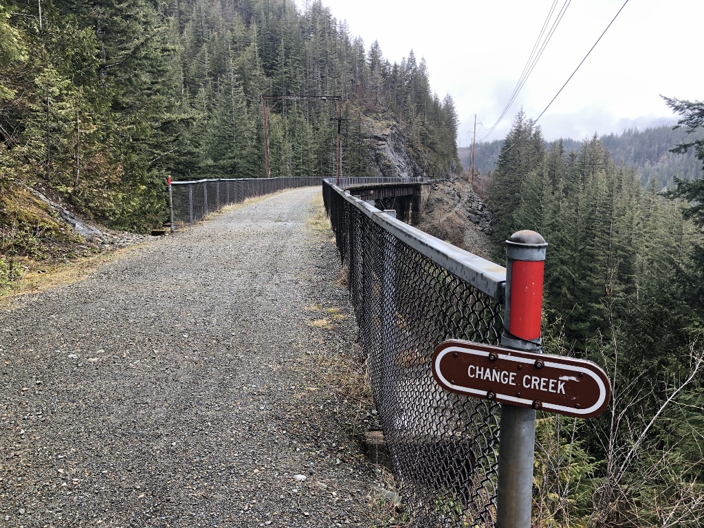 Sign at the Change Creek trestle on the Palouse to Cascades Trail between the Homestead Valley trailhead and Mine Creek trestle. Photo by Don Gerald.