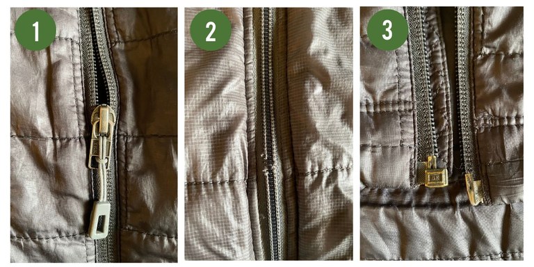Three images of a zipper that correspond with the above three described zipper problems