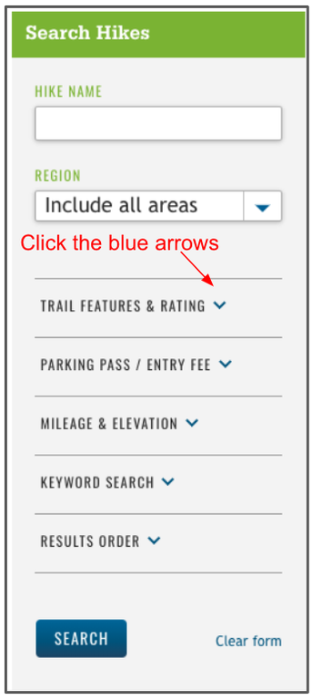 Hiking Guide Filters Menu