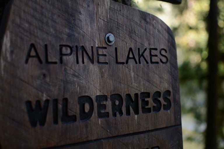 A wooden sign that says Alpine Lakes Wilderness.