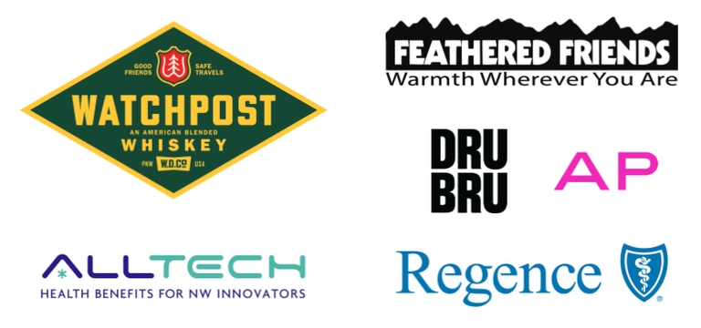 Hike-a-Thon supporting sponsors Watchpost Whiskey, Feathered Friends, ALLTech, Dru Bru, Advanced Professionals and Regence logos