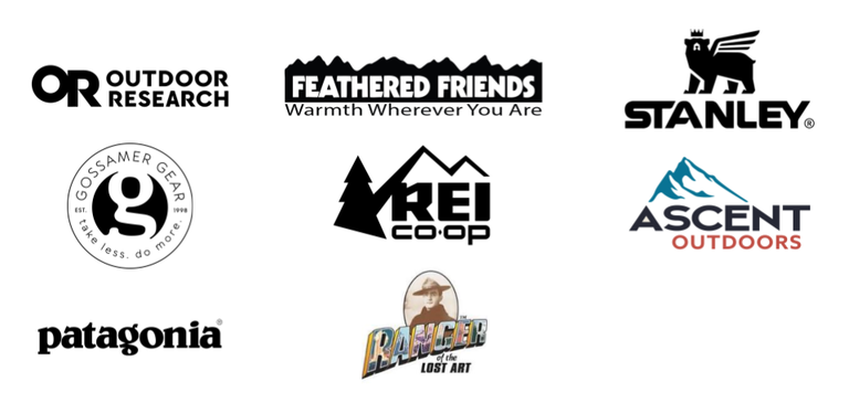Hike-a-Thon prize sponsors Outdoor Research, Feathered Friends, Stanley 1913, Gossamer Gear, REI, Ascent Outdoors, Patagonia and Ranger Doug's Enterprises logos.