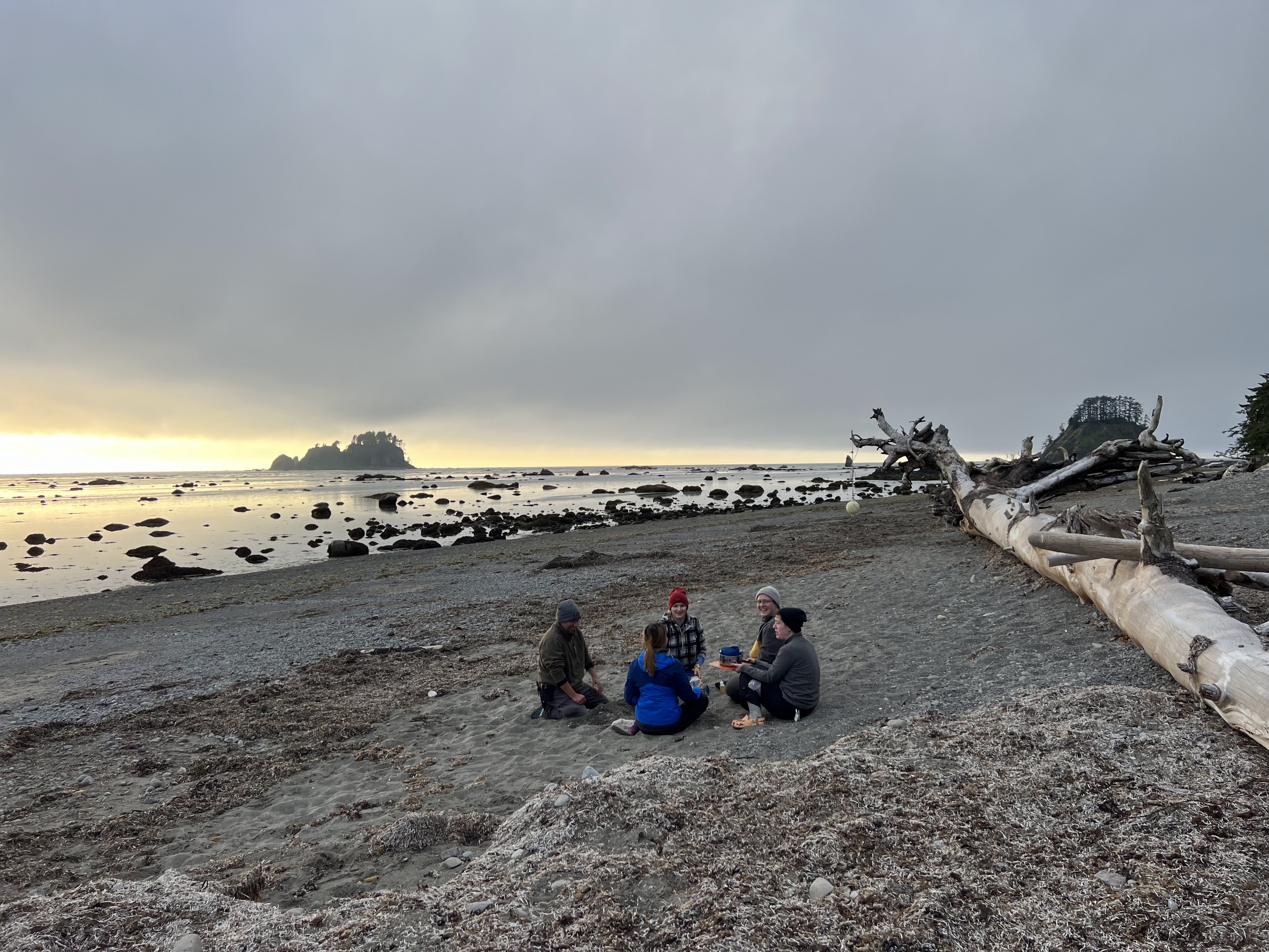 Outdoor educators sit in a circle on a beach