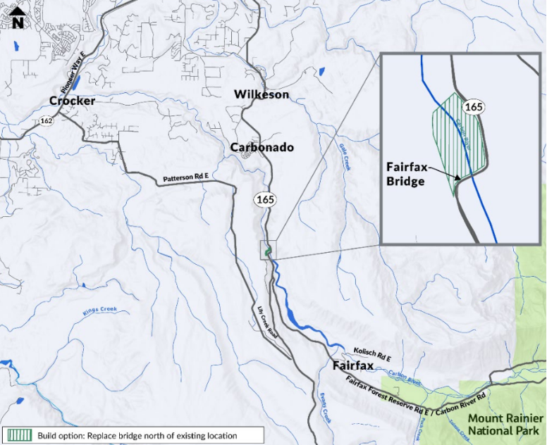 Map showing the potential location to rebuild the bridge just north of its current location
