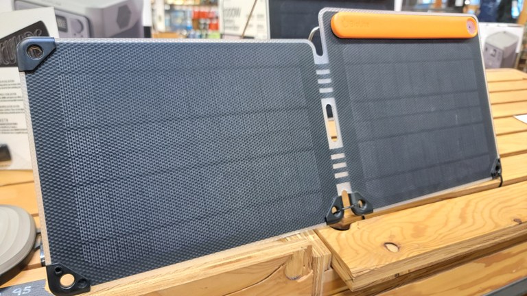 Solar panels on an REI display shelf.
