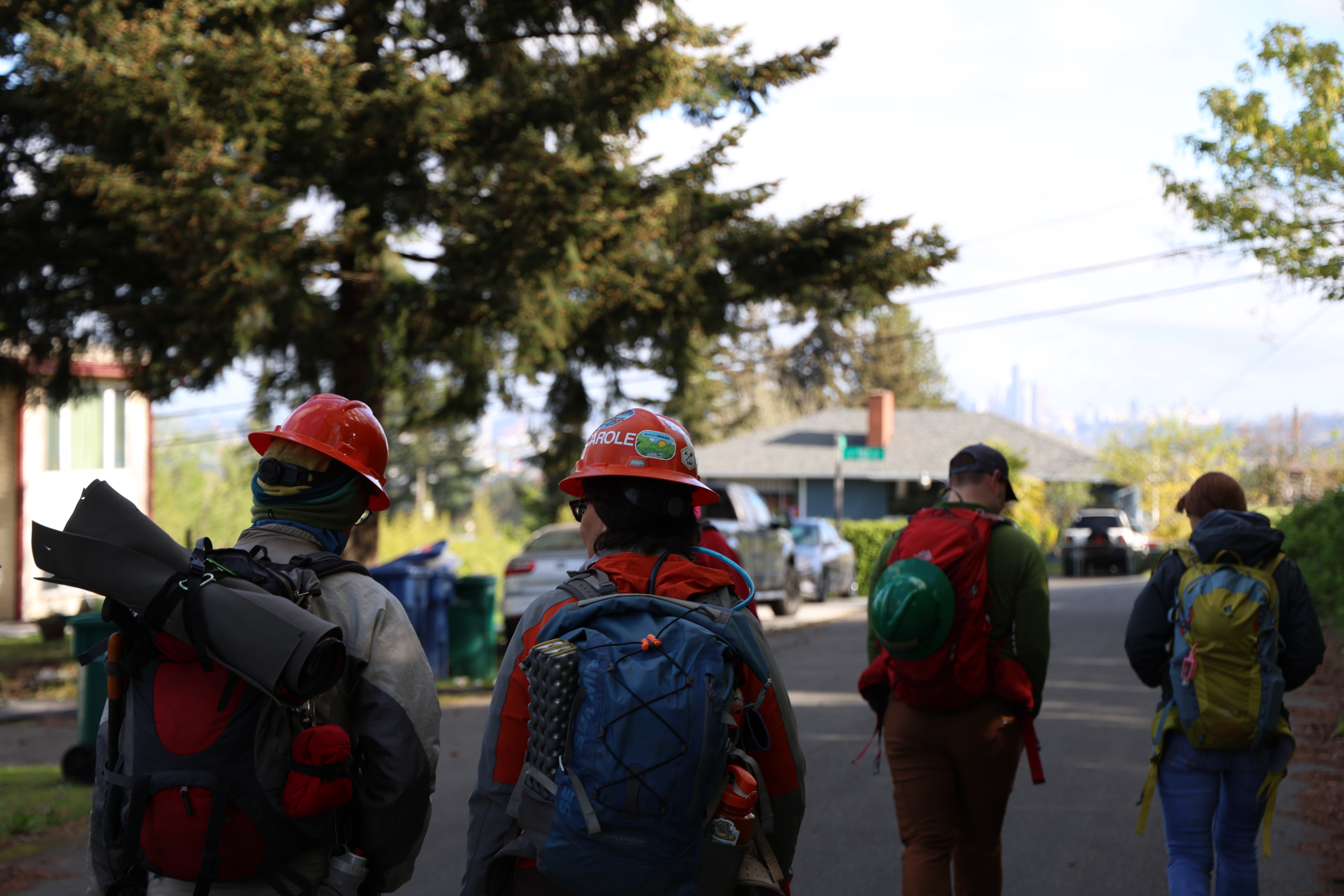 Trail crews with hard hats and backpacks walk through residential street. Homes and trees in the background.