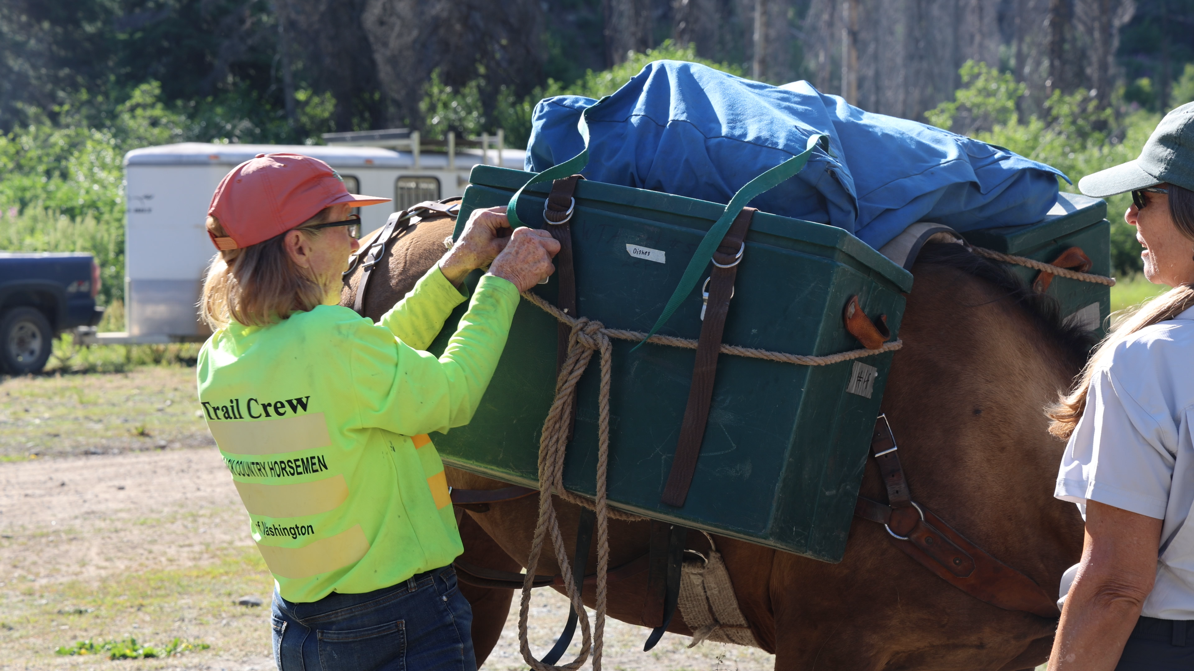 Women in bright yellow shirt loads gear onto horse.