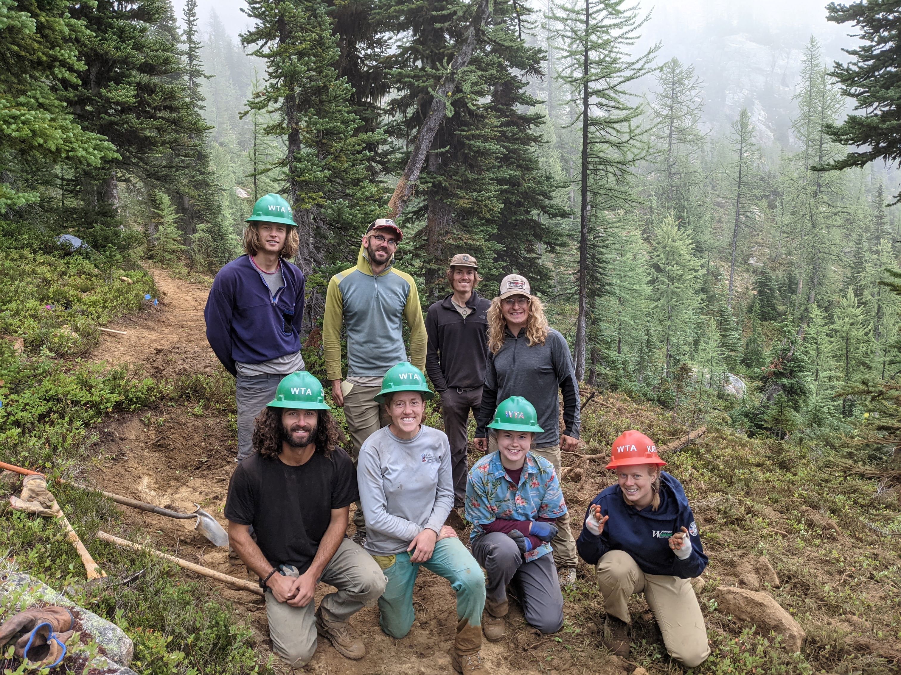 Pro crew group photo. Photo by Zachary Toliver. Group photo of WTA's backcountry pro crew, with Anna and Kat. Photo by Zachary Toliver.