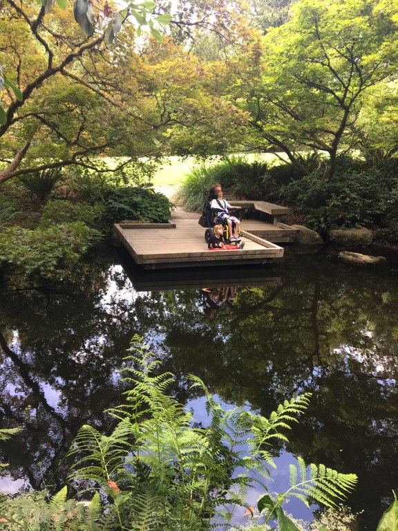 Two children sit at a boardwalk at an arboretum.