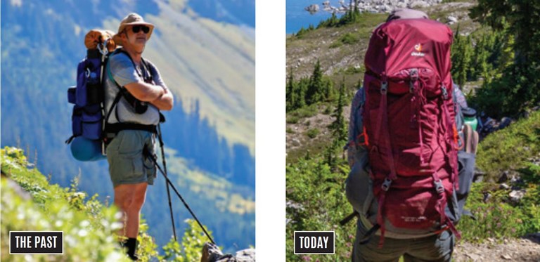 A side by side of old external frame backpack with a newer internal frame one.