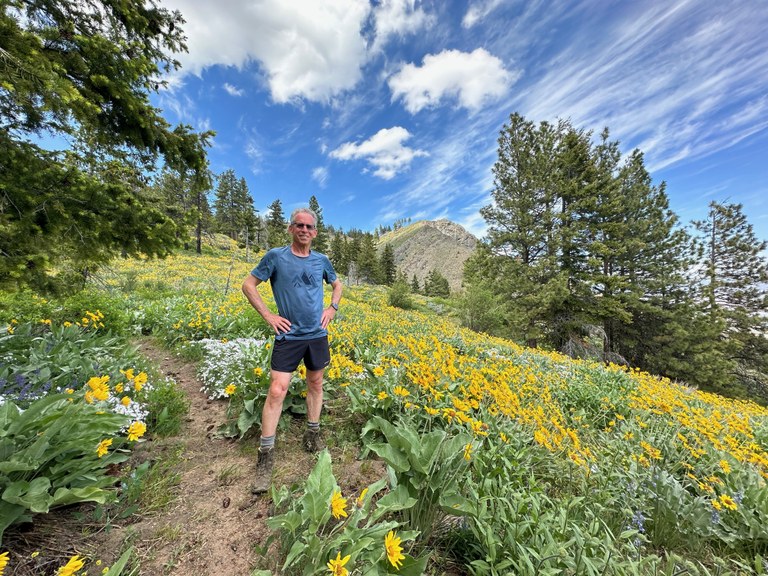 A hiker stands among a field of flowers.