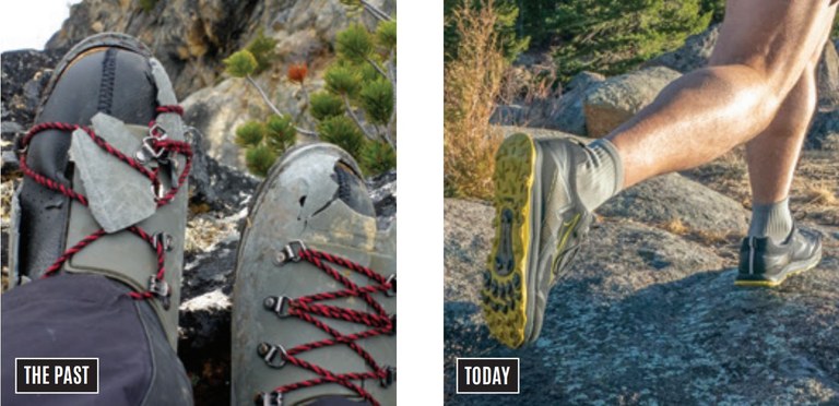A side by side of old busted climbing boots and new trail runners.