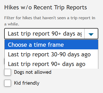 The drop down filter for WTA's Hiking Guide to find a less traveled trail.