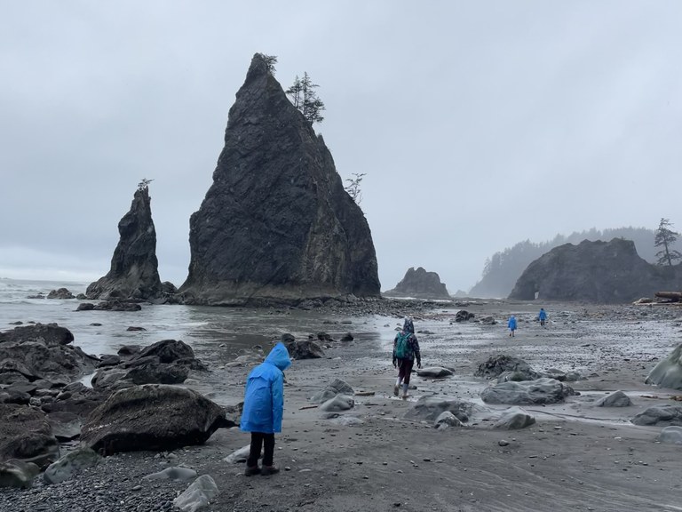 A string of children hike along the rugged coastline in jackets.