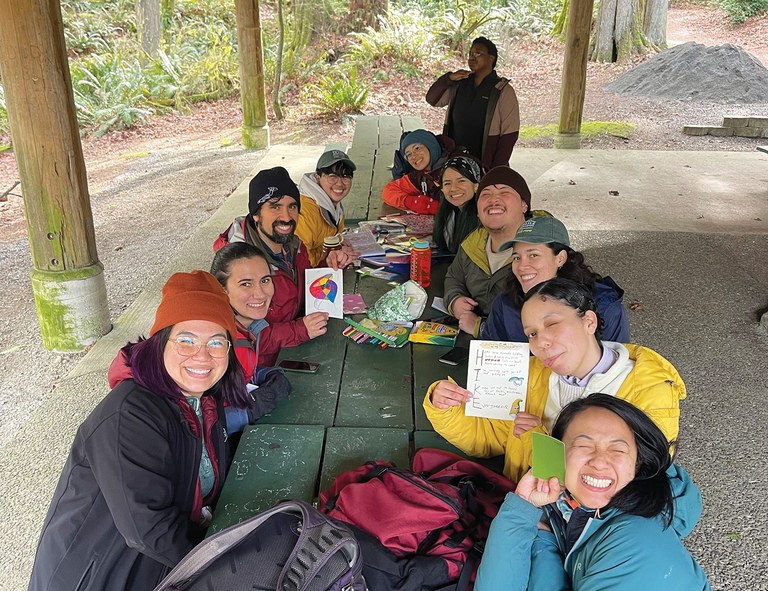 Leadership in action. An artistic reflection was part of an activity focused on the Salish Sea and led by Valeria Santiago for her independent project. Photo by Angelic Friday The ELP cohort and partners share in conversation on picnic benches.