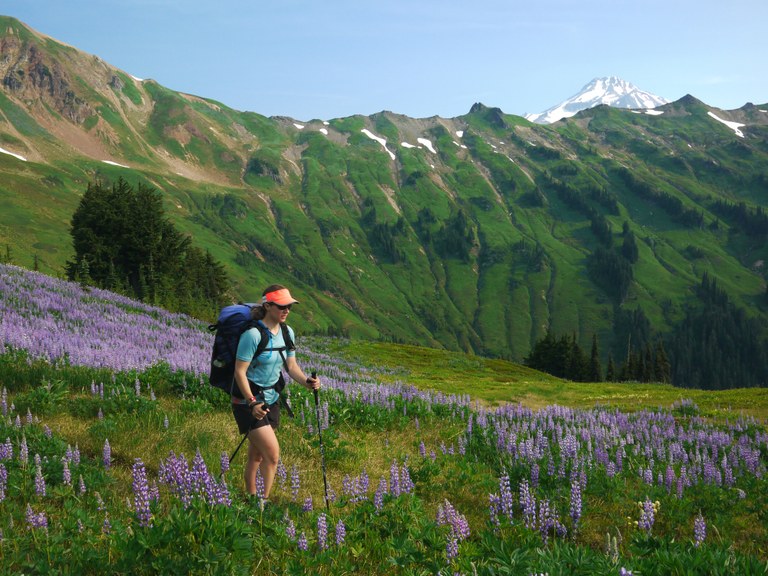 Andrea hiking in the Glacier Peak Wilderness. Photo by Todd Schneider.