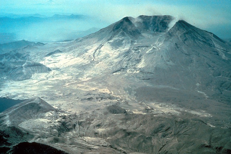 Crater and ash flowers after blast of Mount St. Helens.