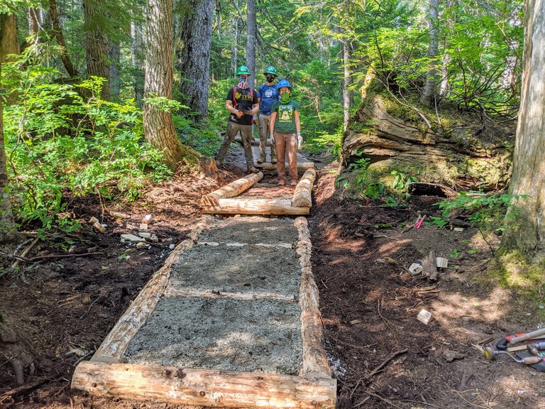 A freshly completed section of turnpike along the trail to Talapus Lake.