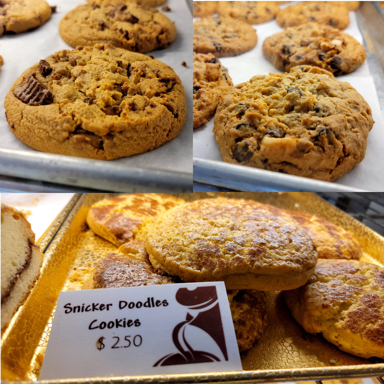 A collage of three different cookie varietals on platters. The top left is peanut butter cup, the top right is chocolate chip, and the bottom is snickerdoodle. 