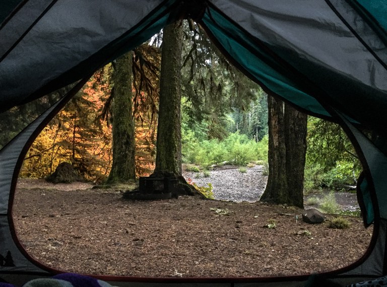 A tent is unzipped, showing a beautiful wildland campsite outside its door.