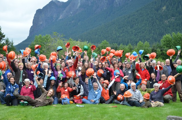 Volunteers, staff and partners at WTA's Crew Leader College, hosted by the Snoqualmie Ranger District in North Bend. At this annual gathering, volunteers attend and teach classes on trail building and maintenance. Photo by Kindra Ramos.