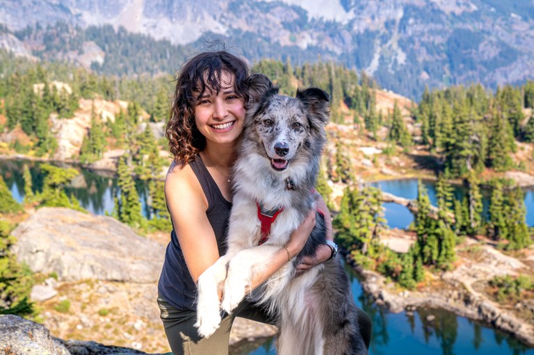 1st Place Trail Family hiker with dog and mountain background