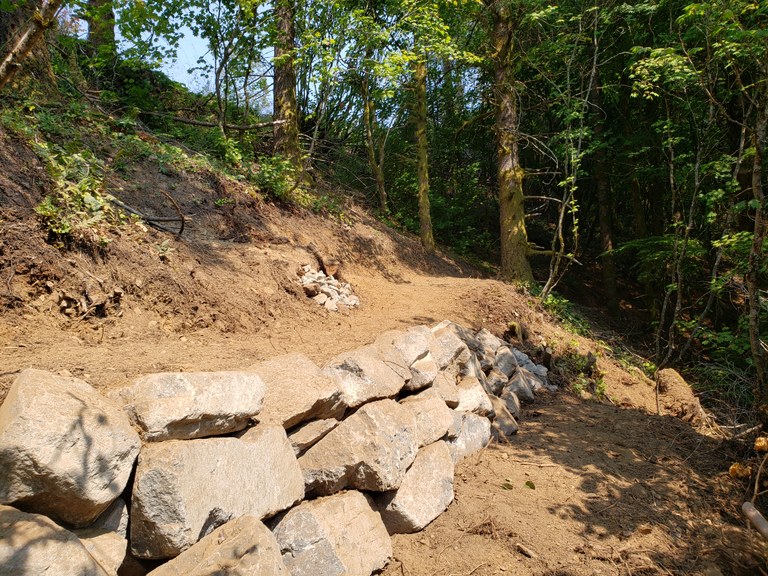 A rock wall on trail.