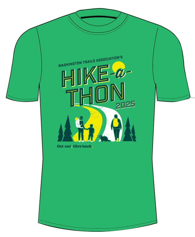 A drawing of a light green T-shirt with dark green writing that reads "Washington Trails Association's Hike-a-Thon 2025. Get out. Give Back." There is a drawing of three hikers, two adults and one child. They are walking along yellow and white lines representing trails. There are drawings of a few evergreen trees in the foreground, as well as a drawing of a marmot.
