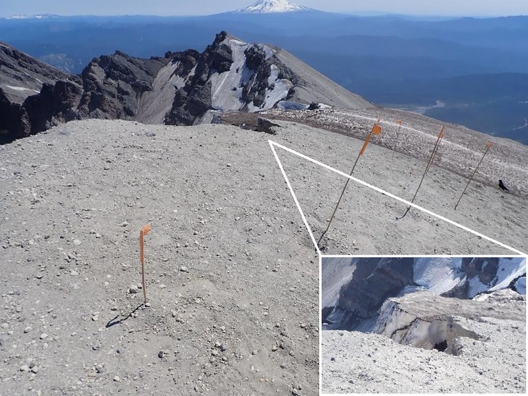Mount St. Helens collapsed crater rim section flagged off. Photo by Andy Goodwin, courtesy of the Forest Service. Mount St. Helens collapsed crater rim section flagged off with a close-up of the collapsed part. Photo by Andy Goodwin, courtesy of the Forest Service, Mount St. Helens National Volcanic Monument and District.