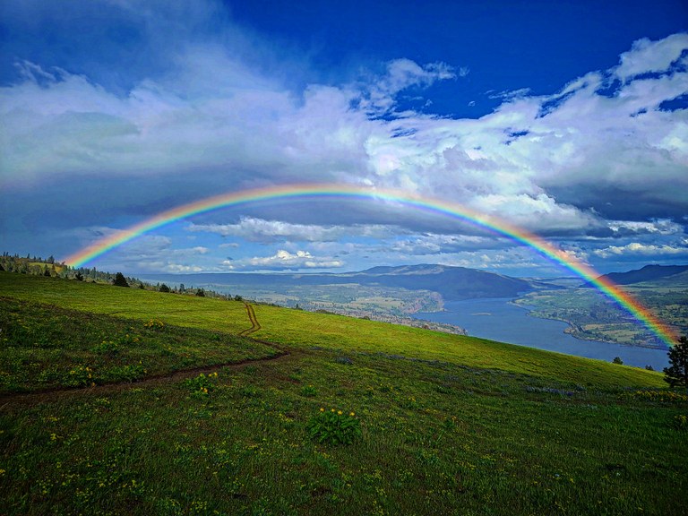 3rd Place Instagram rainbow over grassy hillside with river in background