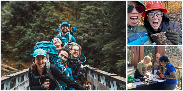 A collage of three photos of WTA hikers, volunteers and ambassadors.