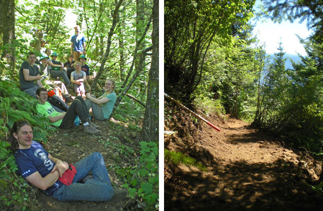 The crew relaxes at lunch (l). The completed section of tread (r). Photos courtesy Elizabeth Hopmann.